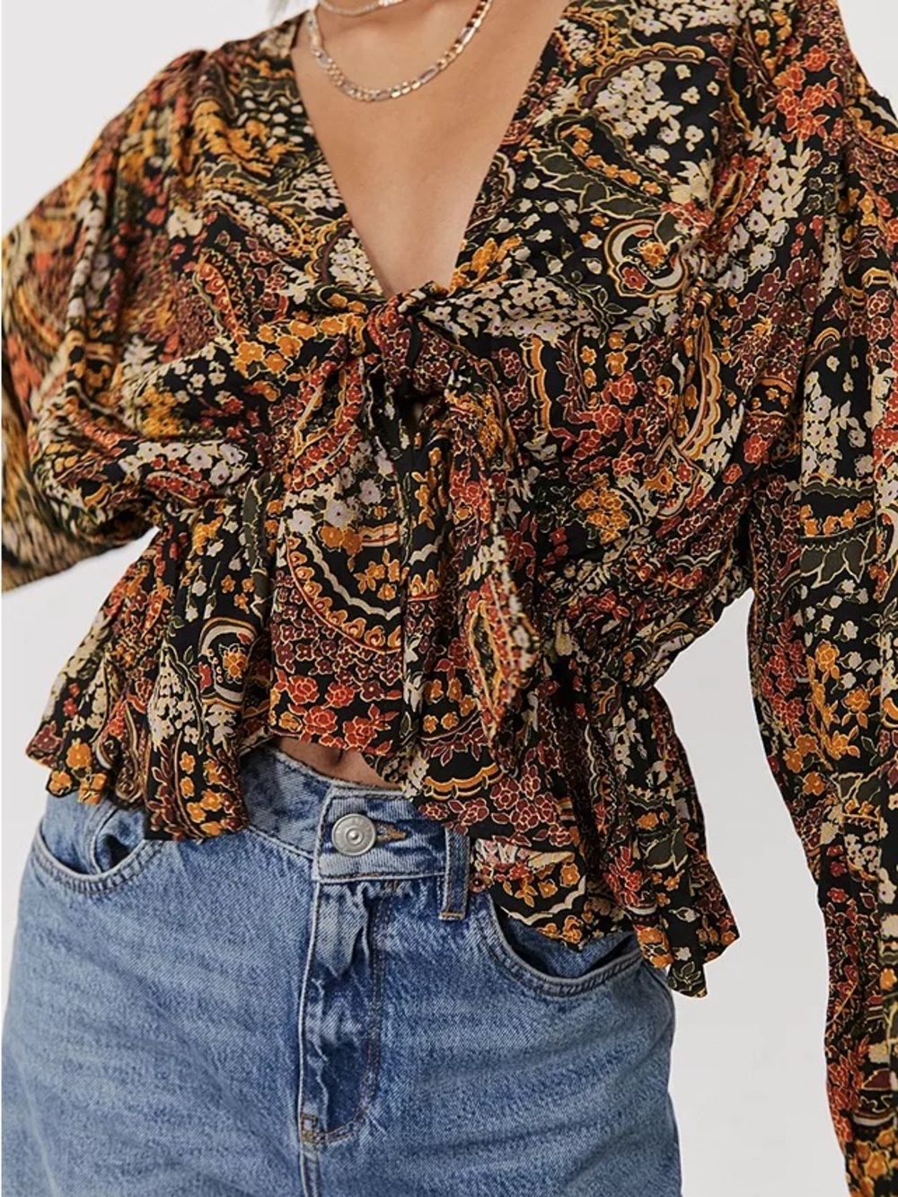 Urban Outfitters floral and paisley tie-front crop top with long sleeves size S